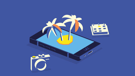 Vacation booking flat isometric low poly vector concept. Palms, photo camera and calendar.