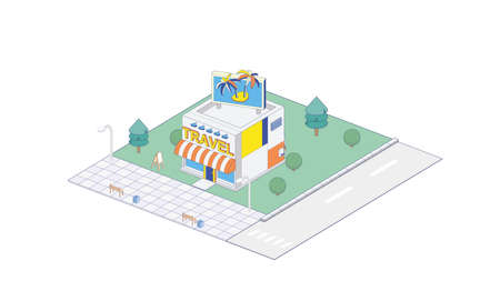Vector isometric travel agency office with tourism related billboardのイラスト素材