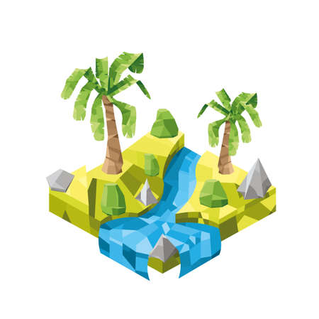 Isometric island with palms and bushes. Flying island. Island in low-poly style.のイラスト素材