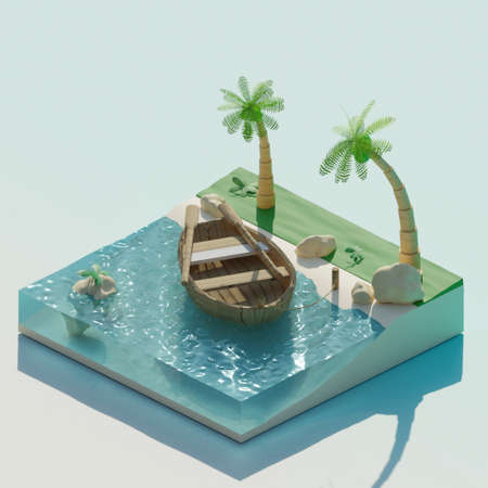 Isometric island with boat and palms. Island in low-poly style.の写真素材