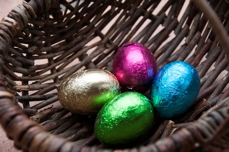 Easter eggs in a basketの写真素材