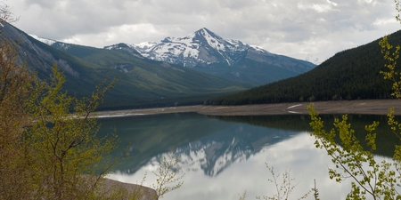 Reflection of mountain in Medicine Lake, Jasper National Park, Alberta, Canadaのeditorial素材