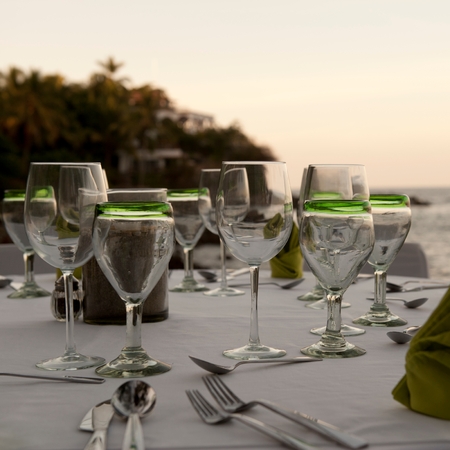 Wine glasses on a table, Sayulita, Nayarit, Mexicoの写真素材