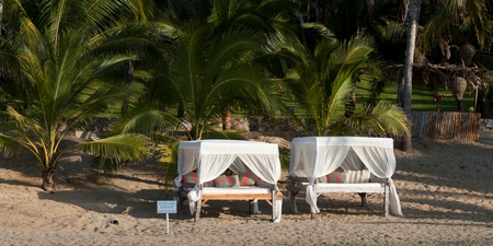 Canopy beds on the beach, Sayulita, Nayarit, Mexicoの写真素材