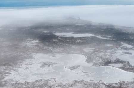 Aerial view of frozen tundra landscape, Churchill, Manitoba, Canadaの写真素材