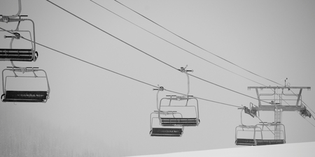 Low angle view of ski lifts, Symphony Amphitheatre, Whistler, British Columbia, Canadaの写真素材