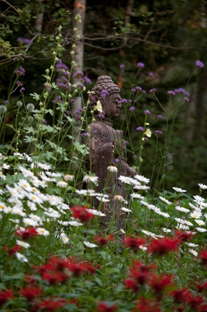 Buddha statue and flowers in a garden, Lake of the Woods, Ontario, Canadaの写真素材