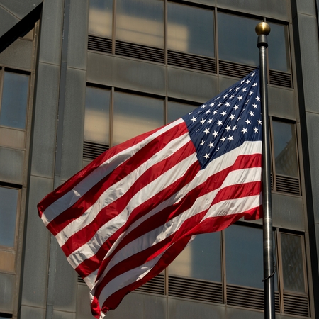 Low angle view of American flag, East Chestnut Street, Chicago, Cook County, Illinois, USA