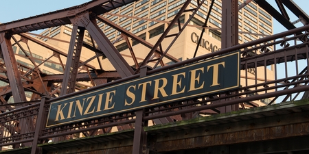 Kinzie Street Railroad Bridge with a news building in the background, Chicago-Sun Times, Chicago, Cook County, Illinois, USAのeditorial素材