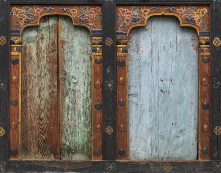Architectural details of windows of a building, Paro Valley, Paro District, Bhutanの写真素材