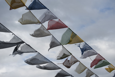 Low angle view of prayer flags, Buddha Dordenma, Thimphu District, Bhutanの写真素材
