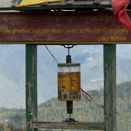 Close-up of a prayer wheel, Bhutanの写真素材
