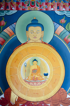 Close-up of Lord Buddha paintings in Gangte Goemba, Phobjikha Valley, Bhutanの写真素材