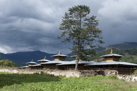 Wangdichholing Palace with mountains in the background, Chokhor Valley, Bumthang District, Bhutanのeditorial素材