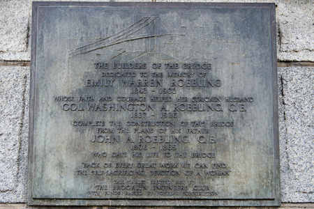 Close-up of a plaque, Brooklyn Bridge, Fulton Ferry District, New York City, New York State, USAの写真素材