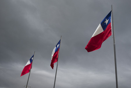 Chilean flags, Puerto Natales, Patagonia, Chileの写真素材