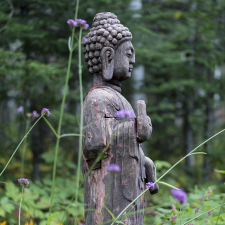 Statue of Buddha in a garden, Lake Of The Woods, Ontario, Canadaの写真素材