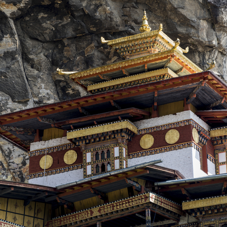 Low angle view of a monastery, Taktsang Monastery, Paro, Paro District, Paro Valley, Bhutanの写真素材