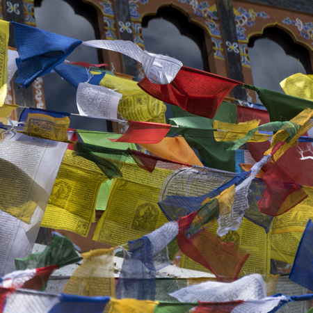 Close-up of prayer flags at Taktsang Monastery, Paro, Paro District, Paro Valley, Bhutanの写真素材