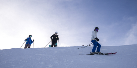 Tourists skiing,  Kicking Horse Mountain Resort, Golden, British Columbia, Canadaのeditorial素材