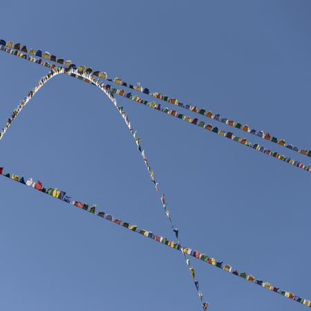 Low angle view of prayer flags, Taktsang Monastery, Paro, Paro District, Paro Valley, Bhutanの写真素材