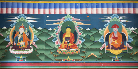 Mural on wall, Tachog Lhakhang Dzong, Paro Valley, Bhutanの写真素材