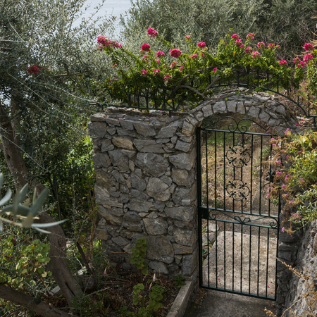 Gate in a park, Praiano, Amalfi Coast, Salerno, Campania, Italyの写真素材