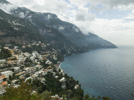 View of a town at coast, Amalfi Coast, Salerno, Campania, Italyの写真素材
