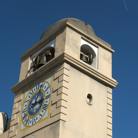 Low angle view of clock tower, Piazza Umberto, Capri, Campania, Italy