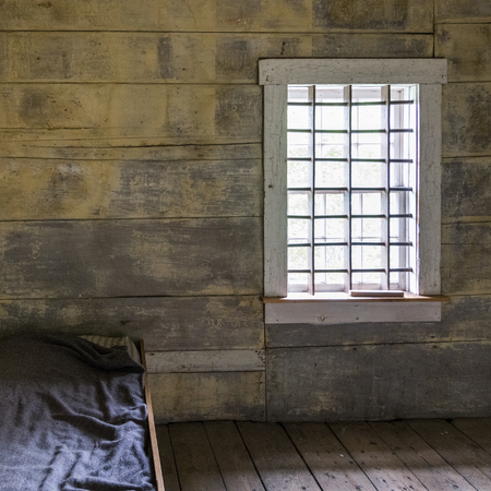 Bed in abandoned house, Sherbrooke, Nova Scotia, Canadaの写真素材