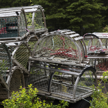 Crab pots stacked at harbor, Moser River, Marine Drive, Nova Scotia, Canada