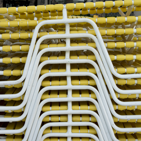 Stack of deck chairs, Waikiki, Honolulu, Oahu, Hawaii, USAの写真素材