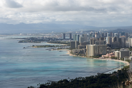 Buildings along beachfront viewed from Diamond Head, Waikiki, Kapahulu,  Honolulu, Oahu, Hawaii, USA