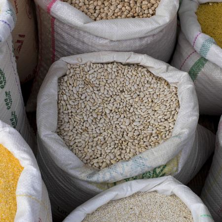 Lentils and beans for sale in a souk, Arset El Maach, Marrakesh, Morocco