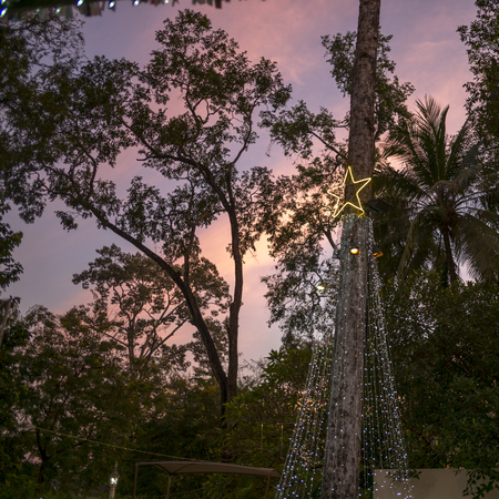 Low angle view of column decorated with lights, Krong Siem Reap, Siem Reap, Cambodia