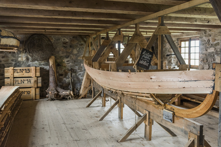 Wooden boat being made in a workshop, Fortress of Louisbourg, Louisbourg, Cape Breton Island, Nova Scotia, Canadaのeditorial素材