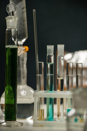 Test tubes, flask and glassware closeupの写真素材