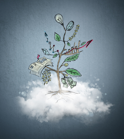 Concept of Growing company with sketch of a tree with business symbol growing from a cloudの写真素材