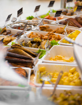 Grocery store. Different served meals on saleの写真素材
