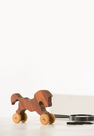 Vintage Wooden Horse on Santa's work table の写真素材