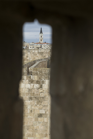 Ramparts walk with bell tower in background, Old city, Jerusalem, Israelの写真素材