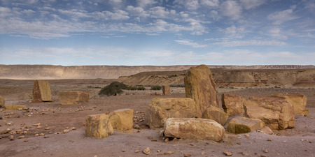 Rock formations in desert, Makhtesh Ramon, Negev Desert, Israelの写真素材