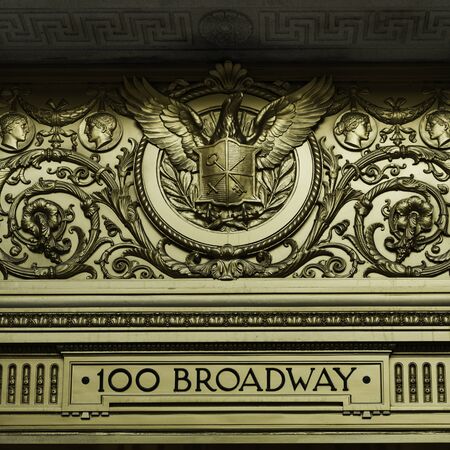 Carving details on building, 100 Broadway, New York City, New York State, USAの写真素材