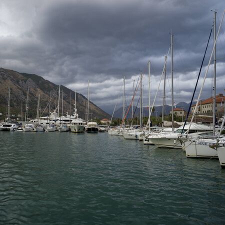 Sailboats in bay, Kotor, Bay of Kotor, Montenegroの写真素材