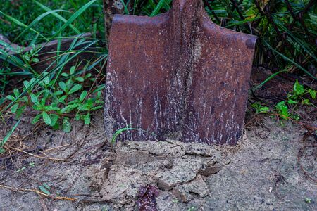 shovel in the groundの写真素材