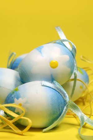 Blue Easter eggs with flowers, copy spaceの写真素材
