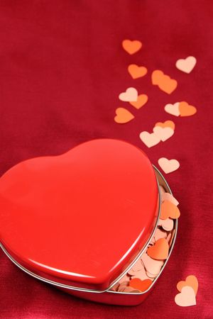 Heart shaped box with little paper hearts, copy spaceの写真素材