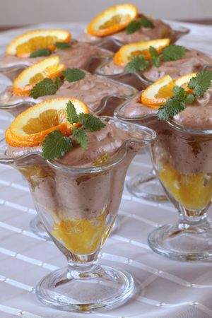 Chocolate mousse with orangesの写真素材