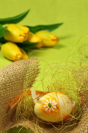 Easter egg and tulipsの写真素材