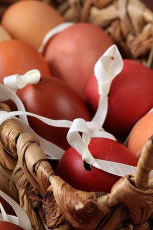 Red and brown Easter egg shellsの写真素材